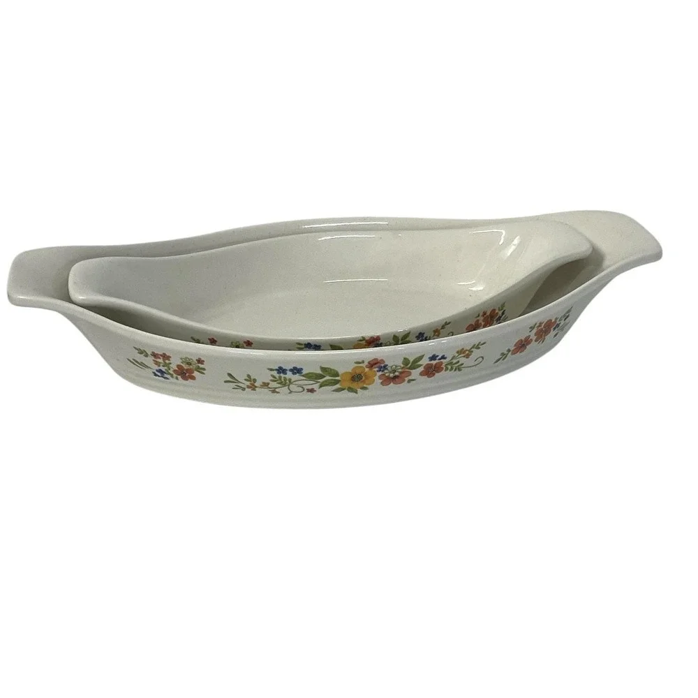 Vintage Sweet Flowers Bake Serve'n Store Stoneware Casserole Dishes Set of 2